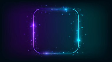 Neon yuvarlak kare çerçeve, parlak efektler ve koyu arkaplanda parıltılar. Boş parlayan tekno fon. Vektör illüstrasyonu