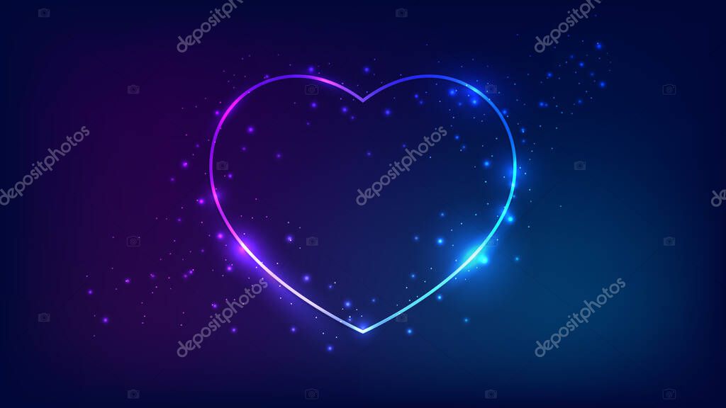Neon frame in heart form with shining effects and sparkles on dark background. Empty glowing techno backdrop. Vector illustration