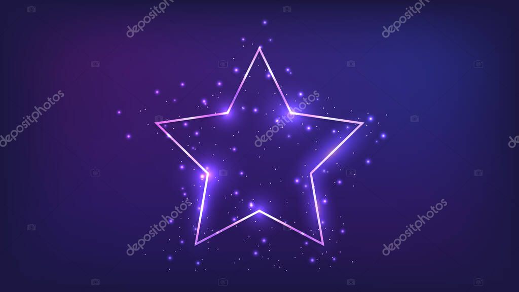 Neon frame in star form with shining effects and sparkles on dark background. Empty glowing techno backdrop. Vector illustration