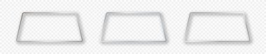 Şeffaf arkaplanda izole edilmiş üç gümüş parlayan trapezoid şekilli çerçeve seti. Parlak efektli parlak bir çerçeve. Vektör illüstrasyonu