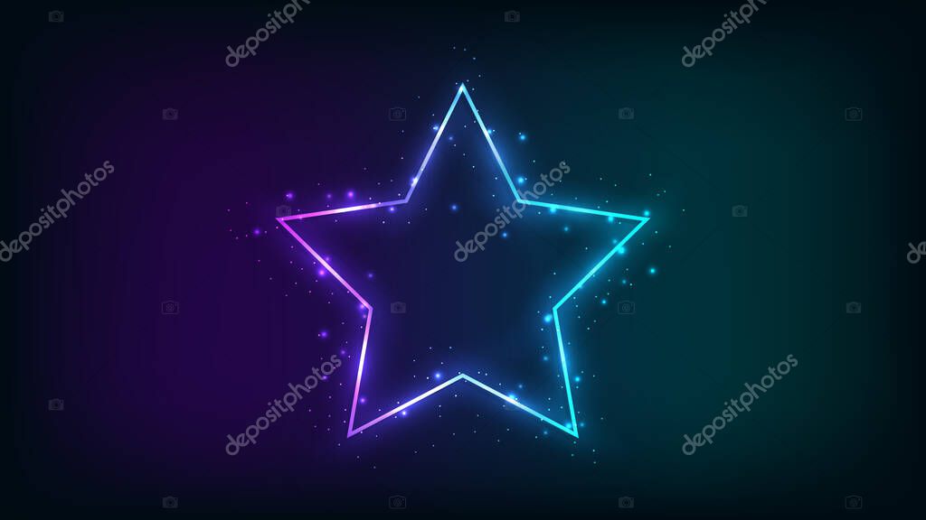 Neon frame in star form with shining effects and sparkles on dark background. Empty glowing techno backdrop. Vector illustration
