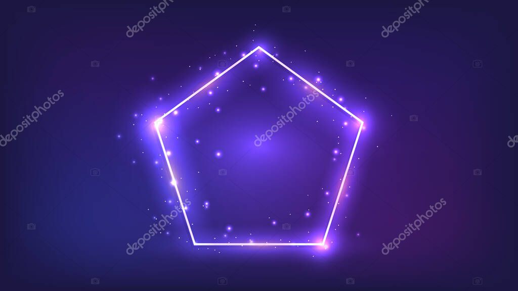 Neon frame in pentagon form with shining effects and sparkles on dark background. Empty glowing techno backdrop. Vector illustration.