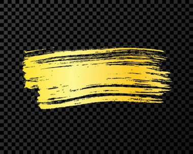 Altın fırça darbesi. El çizimi mürekkep lekesi koyu şeffaf arkaplanda izole edilmiş. Vektör illüstrasyonu