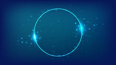 Parlak efektleri ve koyu arkaplanda parıltıları olan neon yuvarlak çerçeve. Boş parlayan tekno fon. Vektör illüstrasyonu