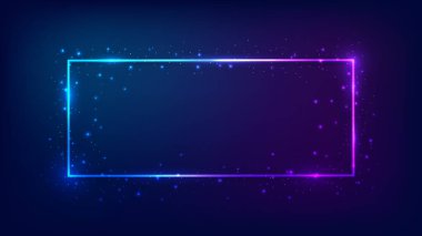 Parlak efektleri ve koyu arkaplanda parıltıları olan neon dikdörtgen çerçeve. Boş parlayan tekno fon. Vektör illüstrasyonu