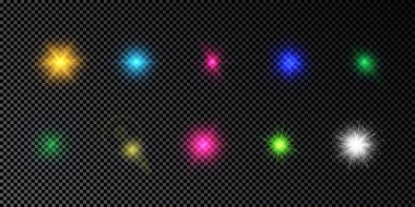 Lens fişeklerinin ışık etkisi. Koyu şeffaf bir arka planda parıltılı çok renkli parlak ışık efektleri. Vektör illüstrasyonu