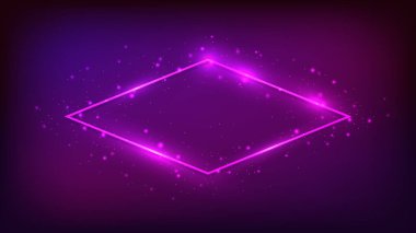 Neon eşkenar dörtgen çerçeve, parlak efektler ve koyu arkaplanda parıltılar. Boş parlayan tekno fon. Vektör illüstrasyonu