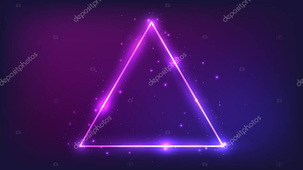 Neon triangular frame with shining effects and sparkles on dark background. Empty glowing techno backdrop. Vector illustration