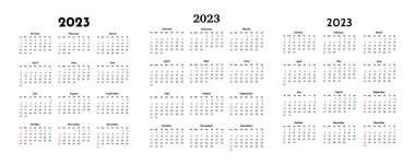 2023 için üç takvim seti beyaz arka planda izole edildi. Pazardan pazartesiye, iş planı. Vektör illüstrasyonu