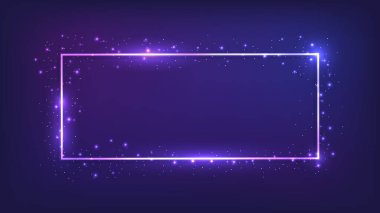 Parlak efektleri ve koyu arkaplanda parıltıları olan neon dikdörtgen çerçeve. Boş parlayan tekno fon. Vektör illüstrasyonu