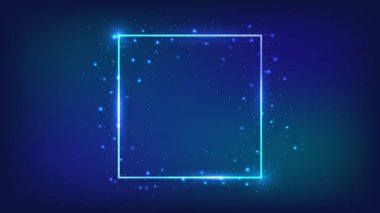Parlak efektleri ve koyu arkaplanda parıltıları olan neon kare çerçeve. Boş parlayan tekno fon. Vektör illüstrasyonu