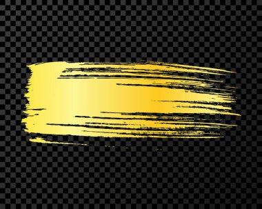 Altın fırça darbesi. El çizimi mürekkep lekesi koyu şeffaf arkaplanda izole edilmiş. Vektör illüstrasyonu