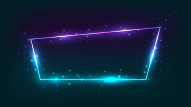 Parlak efektli neon çerçeve ve karanlık arka planda parıltılar. Boş parlayan tekno fon. Vektör illüstrasyonu