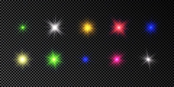 Efecto Luminoso Las Bengalas Conjunto Luces Brillantes Multicolores Efectos Explosión — Vector de stock