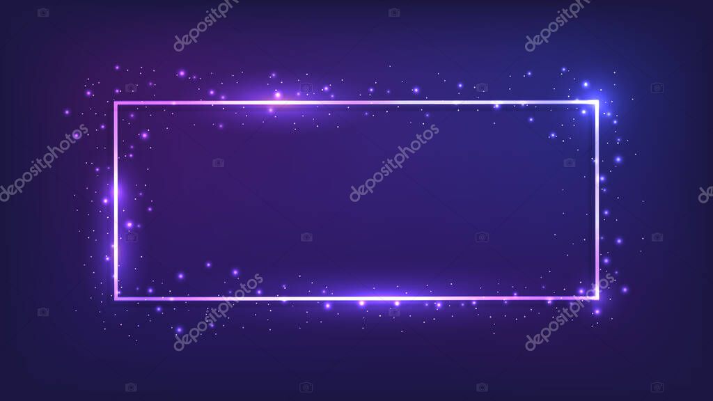 Neon rectangular frame with shining effects and sparkles on dark background. Empty glowing techno backdrop. Vector illustration