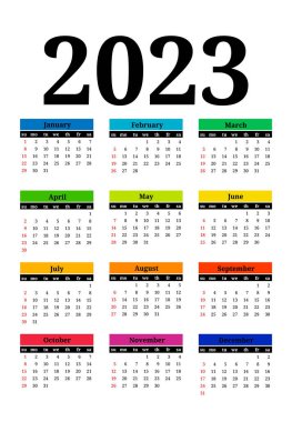 2023 için takvim beyaz arka planda izole edildi. Pazardan pazartesiye, iş planı. Vektör illüstrasyonu