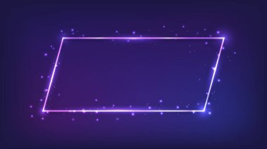 Parlak efektli neon çerçeve ve karanlık arka planda parıltılar. Boş parlayan tekno fon. Vektör illüstrasyonu
