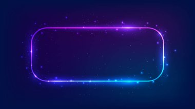 Neon yuvarlak dikdörtgen çerçeve, parlak efektler ve koyu arkaplanda parıltılar. Boş parlayan tekno fon. Vektör illüstrasyonu