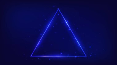 Parlak efektleri ve koyu arkaplanda parıltıları olan neon üçgen çerçeve. Boş parlayan tekno fon. Vektör illüstrasyonu