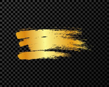 Altın fırça darbesi. El çizimi mürekkep lekesi koyu şeffaf arkaplanda izole edilmiş. Vektör illüstrasyonu
