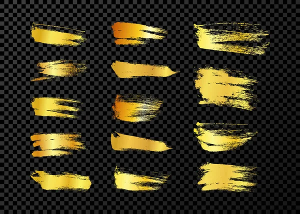 Grote Set Van Gouden Penseelstreken Handgetekende Inktvlekken Geïsoleerd Donkere Transparante — Stockvector