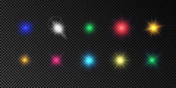 Lichteffekt Von Linsenraketen Set Von Mehrfarbig Leuchtenden Lichtern Starburst Effekte — Stockvektor