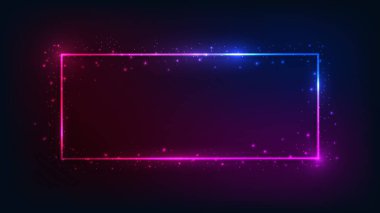 Parlak efektleri ve koyu arkaplanda parıltıları olan neon dikdörtgen çerçeve. Boş parlayan tekno fon. Vektör illüstrasyonu