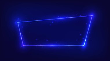 Parlak efektli neon çerçeve ve karanlık arka planda parıltılar. Boş parlayan tekno fon. Vektör illüstrasyonu