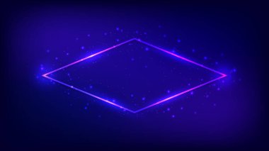 Neon eşkenar dörtgen çerçeve, parlak efektler ve koyu arkaplanda parıltılar. Boş parlayan tekno fon. Vektör illüstrasyonu