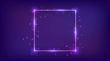 Parlak efektleri ve koyu arkaplanda parıltıları olan neon kare çerçeve. Boş parlayan tekno fon. Vektör illüstrasyonu