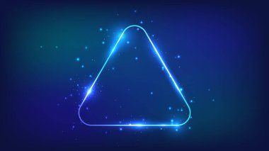 Neon yuvarlak üçgen çerçeve, parlak efektler ve koyu arkaplanda parıltılar. Boş parlayan tekno fon. Vektör illüstrasyonu