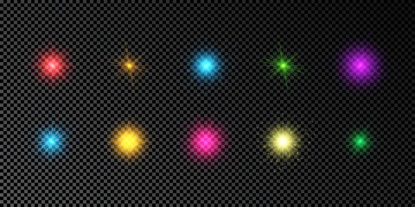 Light Effect Lens Flares Set Multicolor Glowing Lights Starburst Effects — Stock Vector