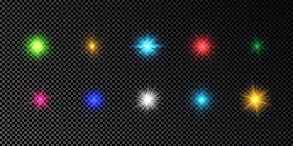 Efecto Luminoso Las Bengalas Conjunto Luces Brillantes Multicolores Efectos Explosión — Vector de stock