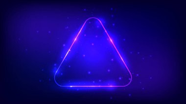 Neon yuvarlak üçgen çerçeve, parlak efektler ve koyu arkaplanda parıltılar. Boş parlayan tekno fon. Vektör illüstrasyonu