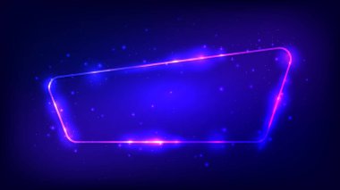 Neon yuvarlak çerçeve, parlak efektler ve koyu arkaplanda parıltılar. Boş parlayan tekno fon. Vektör illüstrasyonu