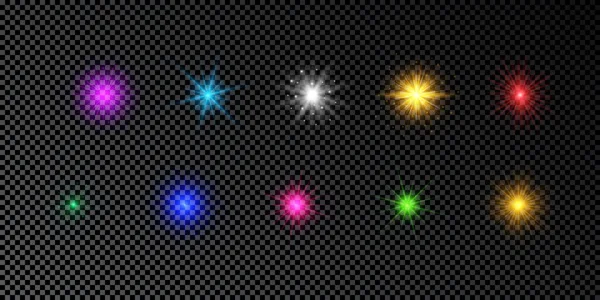 Efecto Luminoso Las Bengalas Conjunto Luces Brillantes Multicolores Efectos Explosión — Vector de stock