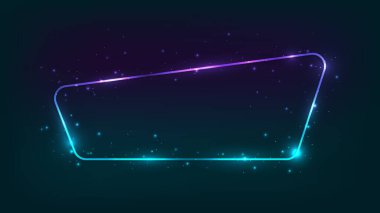 Neon yuvarlak çerçeve, parlak efektler ve koyu arkaplanda parıltılar. Boş parlayan tekno fon. Vektör illüstrasyonu