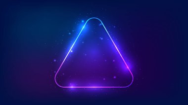 Neon yuvarlak üçgen çerçeve, parlak efektler ve koyu arkaplanda parıltılar. Boş parlayan tekno fon. Vektör illüstrasyonu