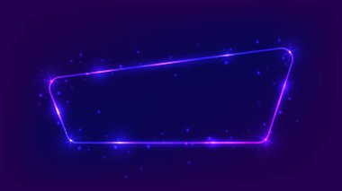 Neon yuvarlak çerçeve, parlak efektler ve koyu arkaplanda parıltılar. Boş parlayan tekno fon. Vektör illüstrasyonu