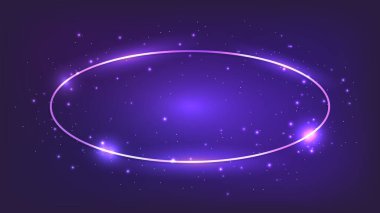 Parlak efektleri ve koyu arkaplanda parıltıları olan neon oval çerçeve. Boş parlayan tekno fon. Vektör illüstrasyonu