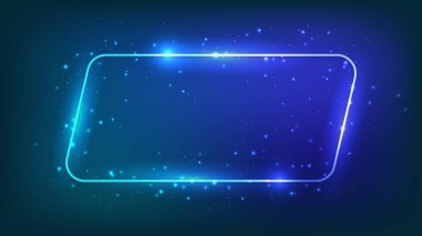Neon yuvarlak paralelkenarlı çerçeve, parlak efektler ve koyu arkaplanda parıltılar. Boş parlayan tekno fon. Vektör illüstrasyonu
