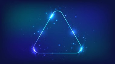 Neon yuvarlak üçgen çerçeve, parlak efektler ve koyu arkaplanda parıltılar. Boş parlayan tekno fon. Vektör illüstrasyonu