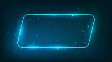 Neon yuvarlak paralelkenarlı çerçeve, parlak efektler ve koyu arkaplanda parıltılar. Boş parlayan tekno fon. Vektör illüstrasyonu