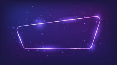 Neon yuvarlak çerçeve, parlak efektler ve koyu arkaplanda parıltılar. Boş parlayan tekno fon. Vektör illüstrasyonu