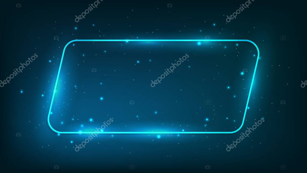 Neon rounded parallelogram frame with shining effects and sparkles on dark background. Empty glowing techno backdrop. Vector illustration