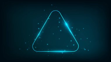 Neon yuvarlak üçgen çerçeve, parlak efektler ve koyu arkaplanda parıltılar. Boş parlayan tekno fon. Vektör illüstrasyonu