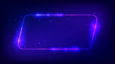 Neon yuvarlak paralelkenarlı çerçeve, parlak efektler ve koyu arkaplanda parıltılar. Boş parlayan tekno fon. Vektör illüstrasyonu