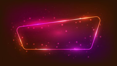 Neon yuvarlak çerçeve, parlak efektler ve koyu arkaplanda parıltılar. Boş parlayan tekno fon. Vektör illüstrasyonu