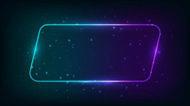 Neon yuvarlak paralelkenarlı çerçeve, parlak efektler ve koyu arkaplanda parıltılar. Boş parlayan tekno fon. Vektör illüstrasyonu