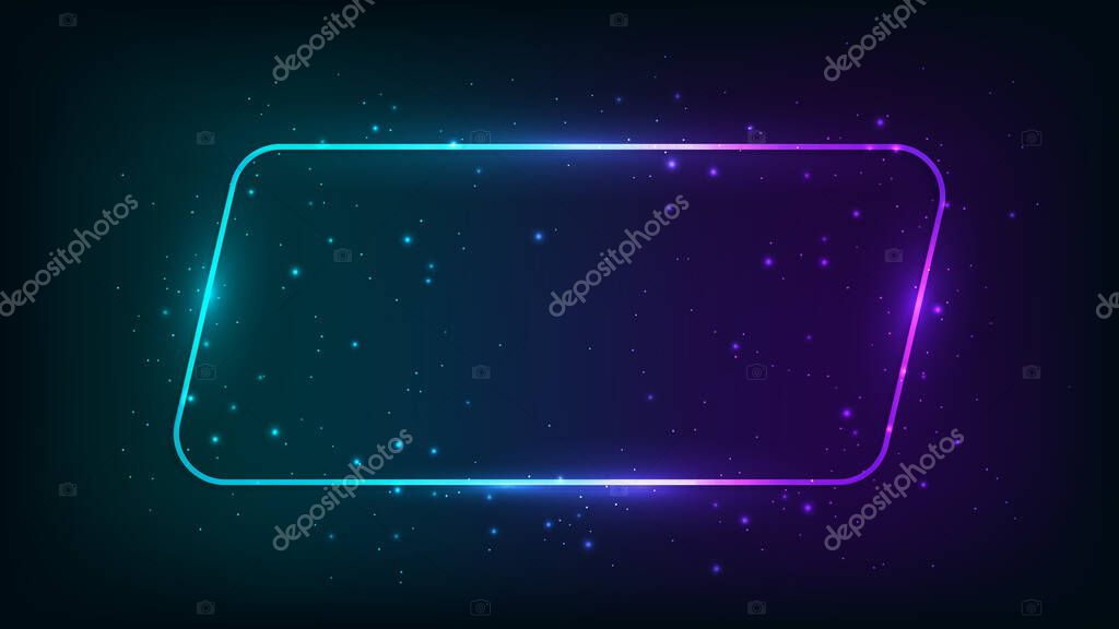 Neon rounded parallelogram frame with shining effects and sparkles on dark background. Empty glowing techno backdrop. Vector illustration
